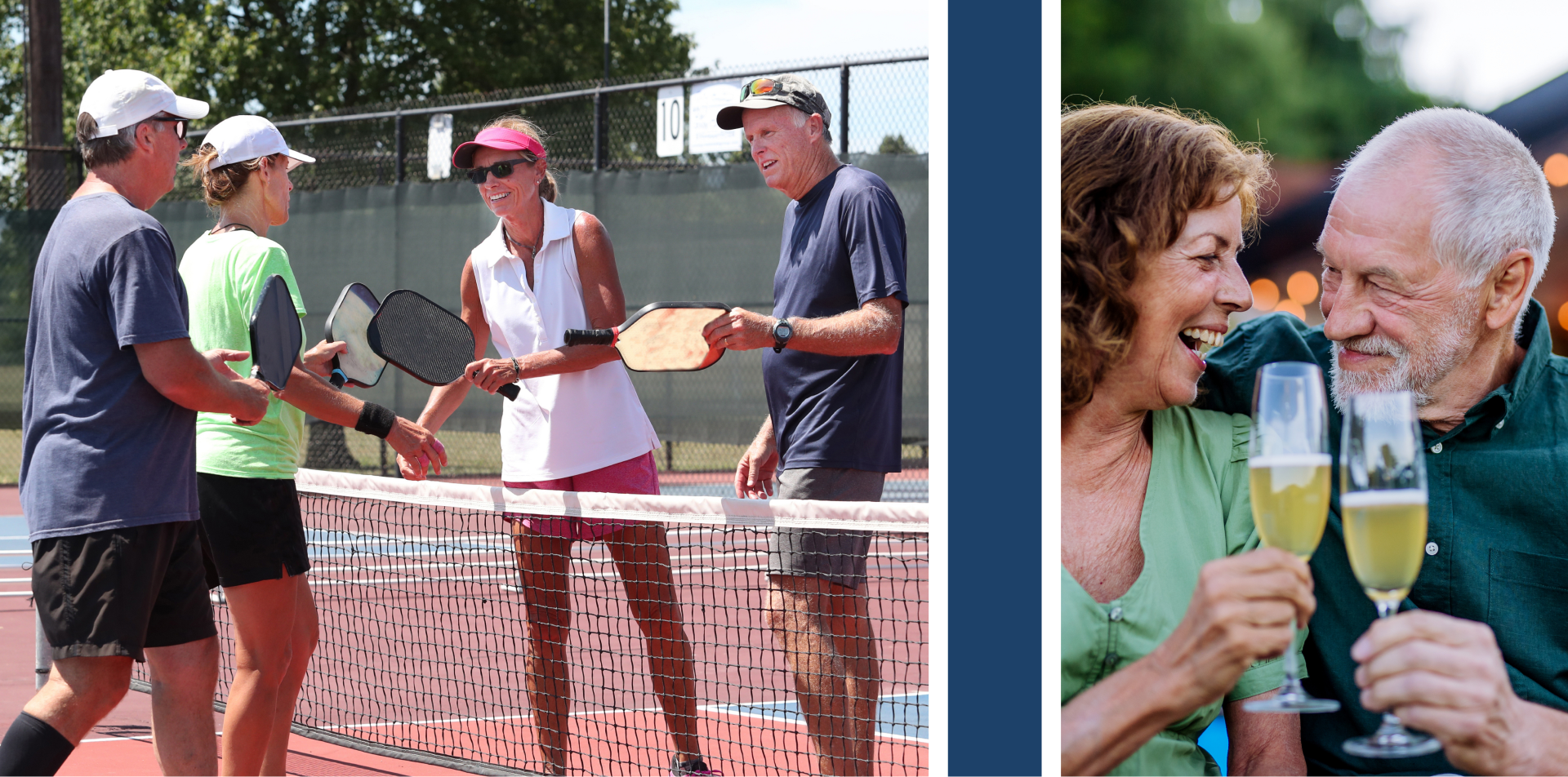 pickleball end of match congratulations in left and senior man with his wife celebrating in right