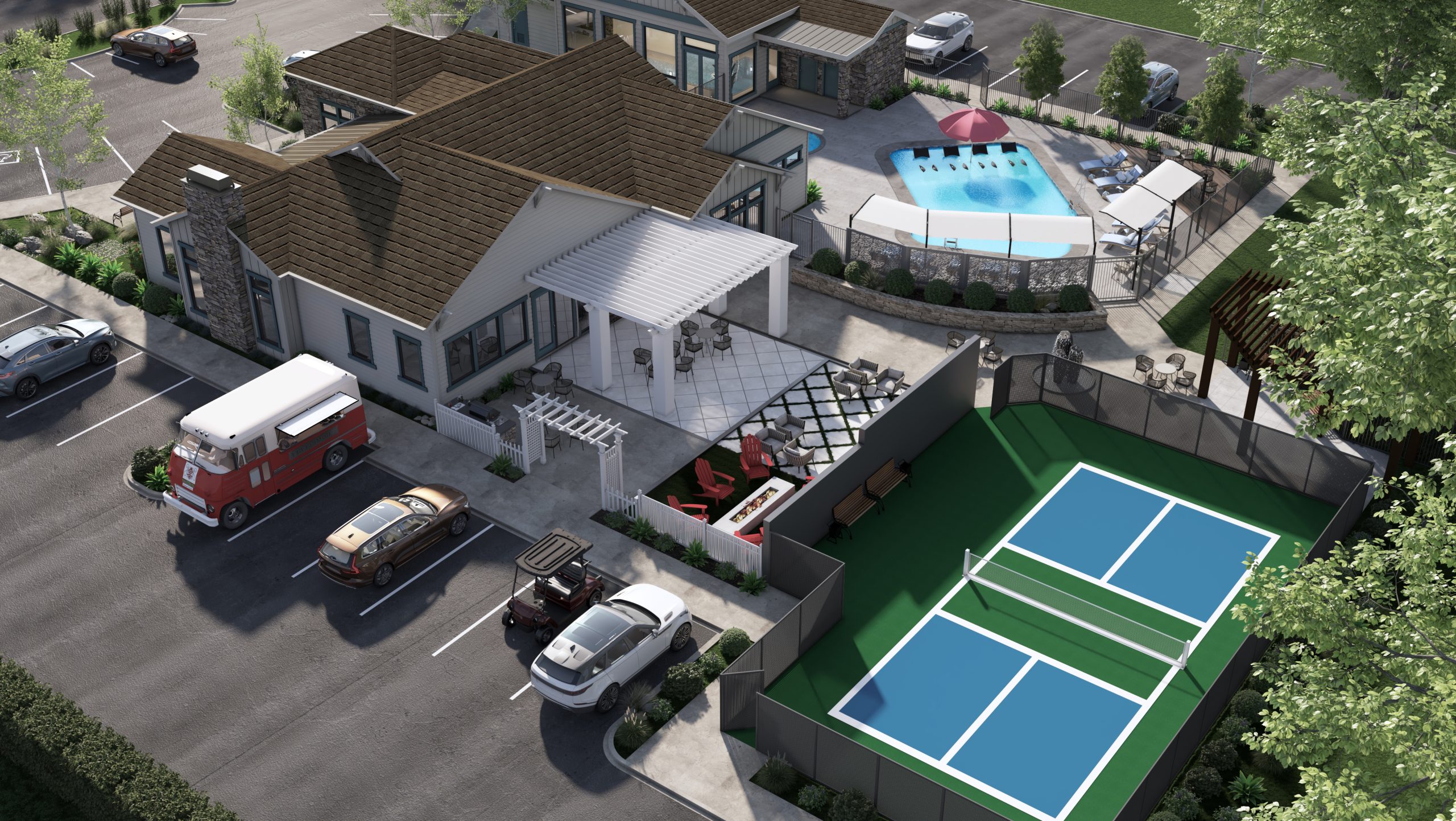 Digital rendering of the Silverado Village clubhouse. Featuring an outdoor pool and pickleball court.